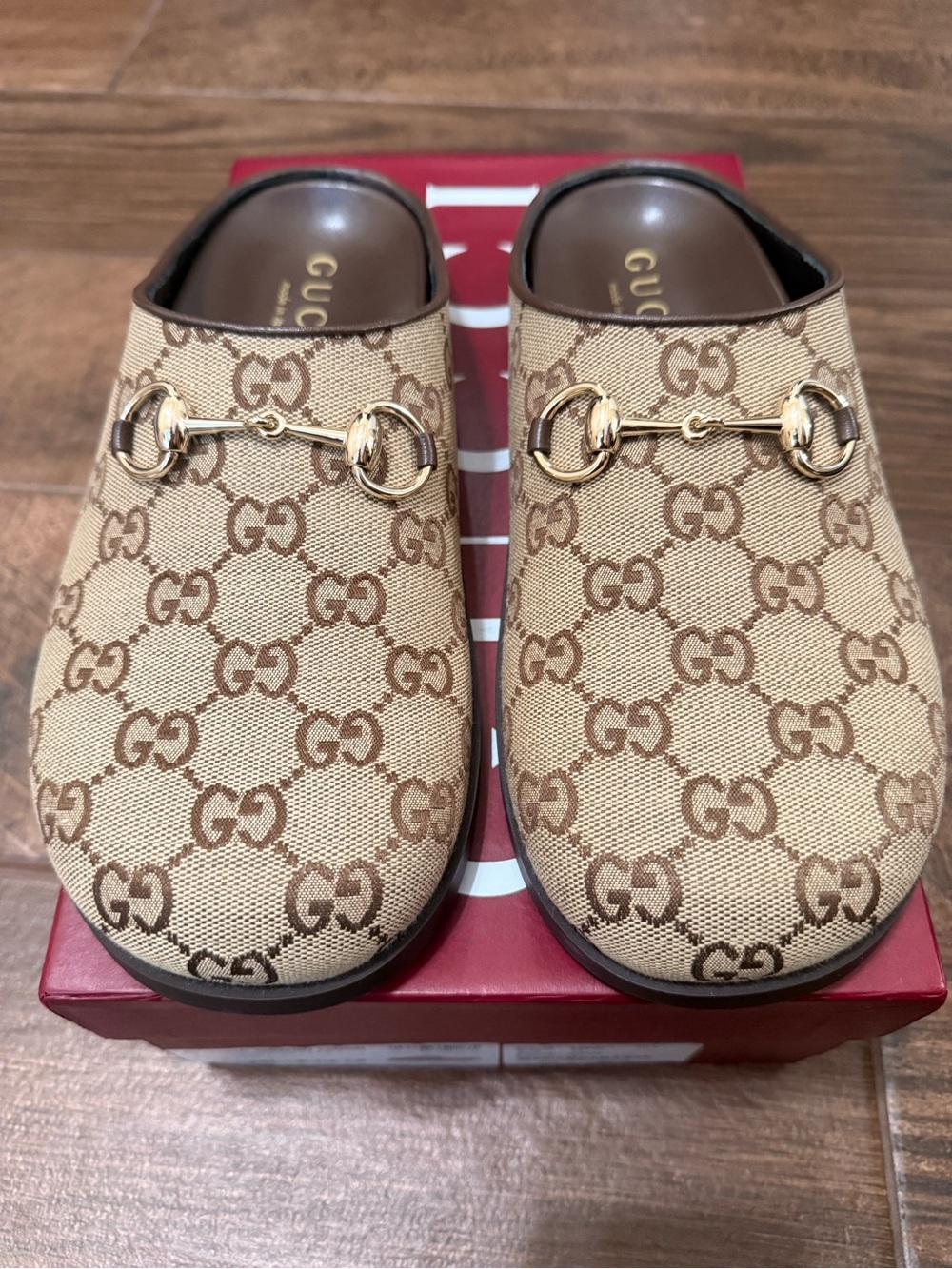Gucci Women Beige GG Canvas Horsebit Clogs Mules